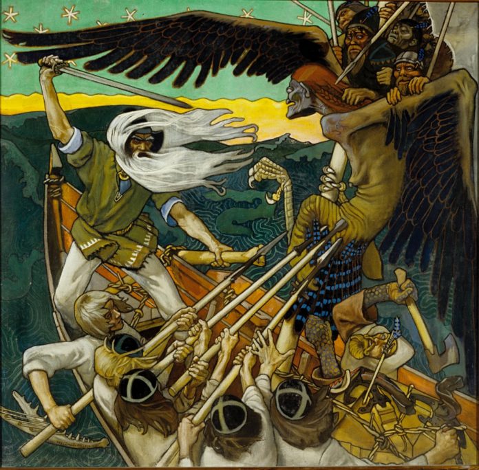 Sammon_puolustus Louhi, Mistress of the North, attacking Väinämöinen in the form of a giant eagle with her troops on her back when she was trying to steal Sampo; in the Finnish epic poetry Kalevala by Elias Lönnrot. (The Defense of the Sampo, Akseli Gallen-Kallela, 1896)