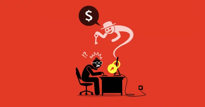 Illustration of ransomware ghost coming out of someone's locked PC to demand money