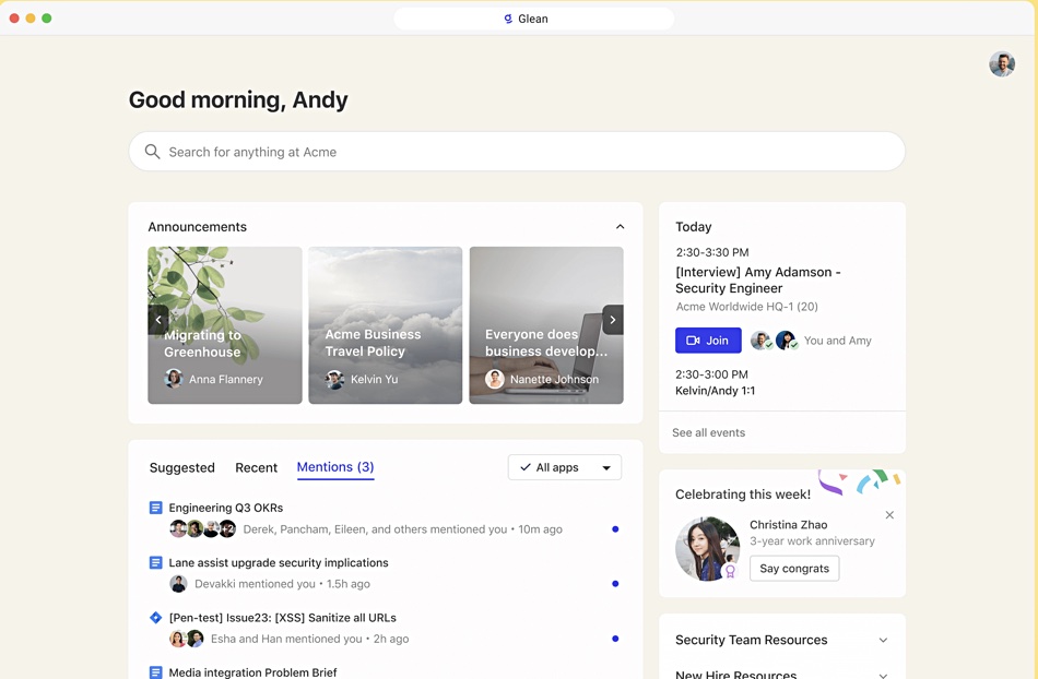 Glean work hub start page