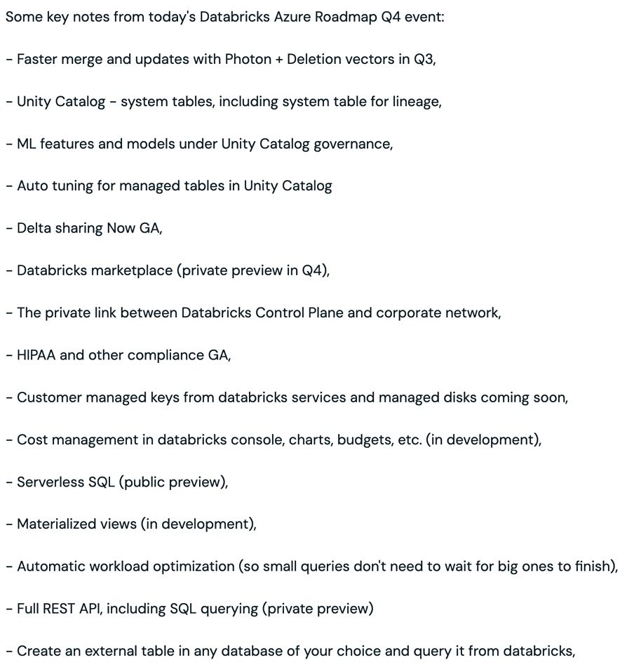 Databricks Azure roadmap