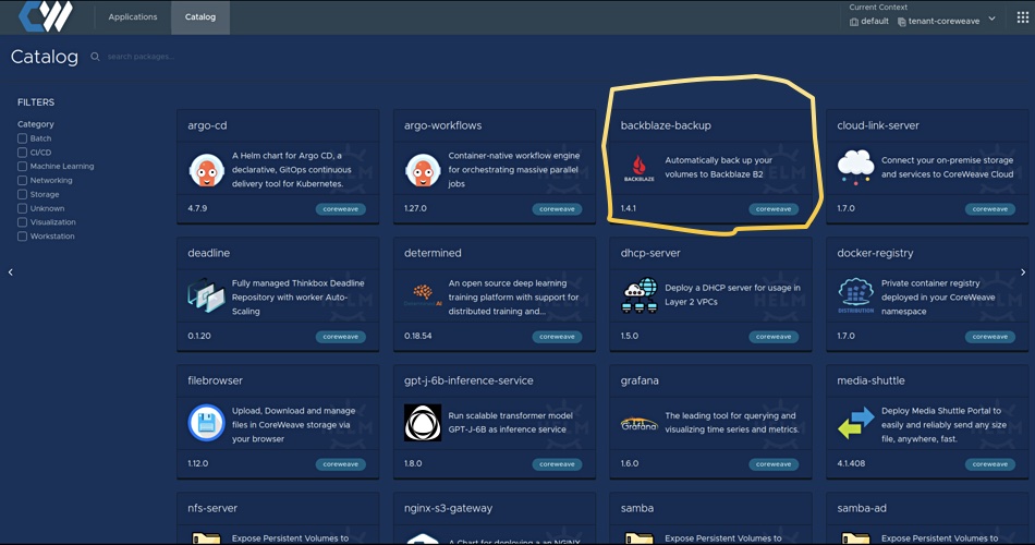 CoreWeave application catalog showing Backblaze