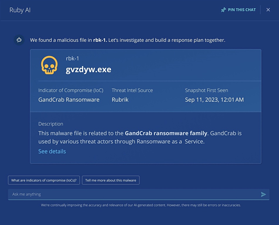 Rubrik Ruby malicious file alert