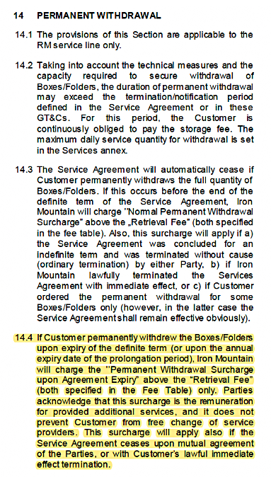 Permanent withdrawal section of Iron Mountain boxed paper vaulting contract with withdrawal fee surcharge paragraph highlighted