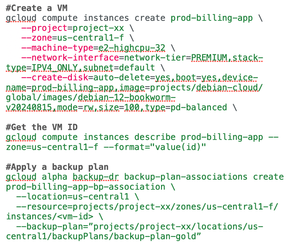 Google cloud VM creation and backup policy application