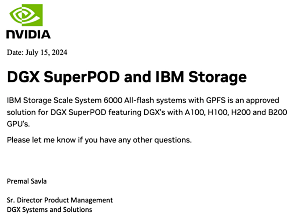 Letter from Nvidia to IBM approving IBM's Storage Scale System 6000 All-Flash product for the DGX SuperPOD.